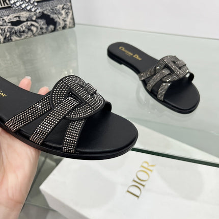 DIOR 26S D-CLUB SLIDE SANDAL IN BLACK CRYSTAL-EMBELLISHED CALFSKIN