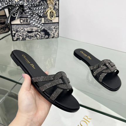 DIOR 26S D-CLUB SLIDE SANDAL IN BLACK CRYSTAL-EMBELLISHED CALFSKIN