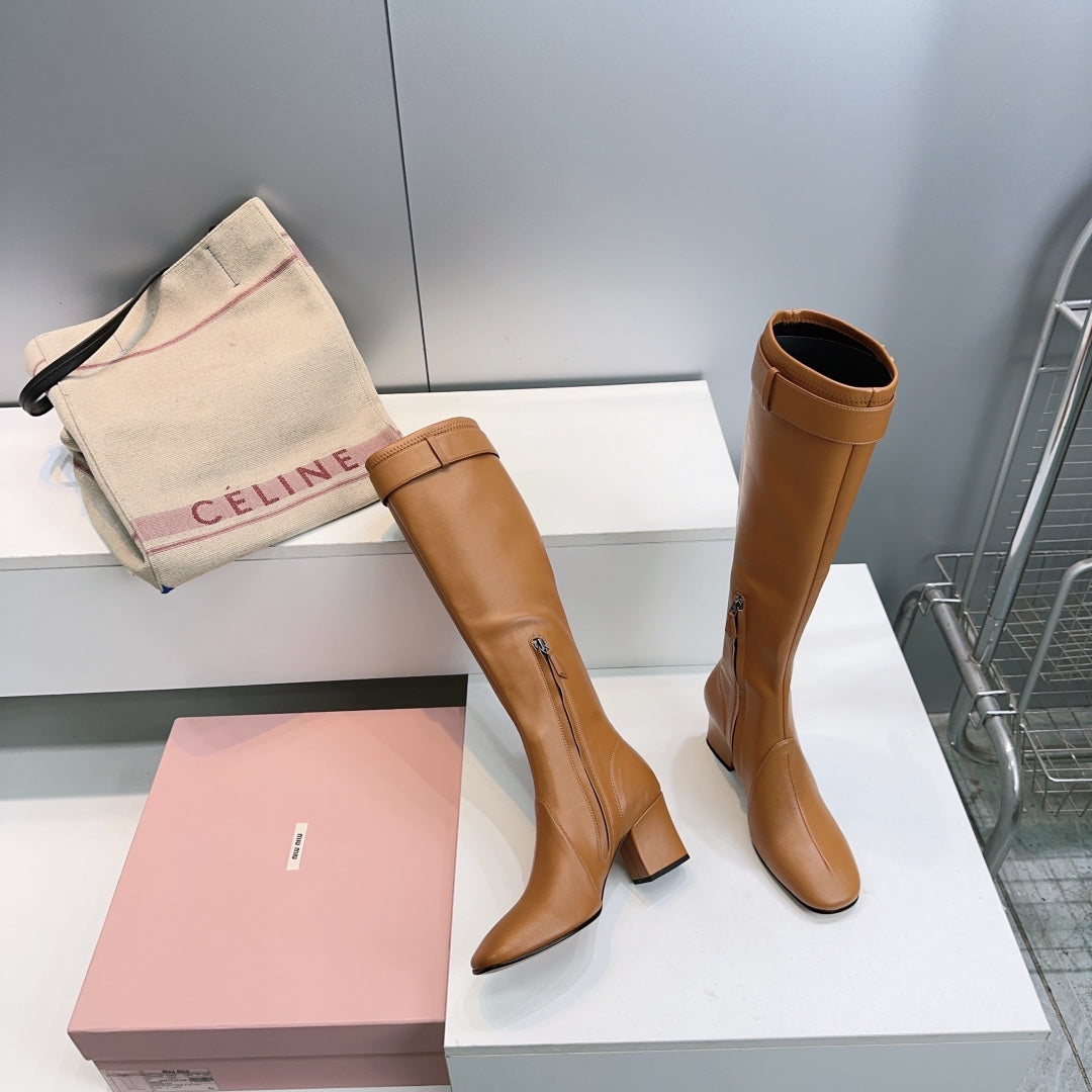 MIUMIU 25S BOOTS WITH BUCKLE 60MM IN CARAMEL BROWN CALFSKIN