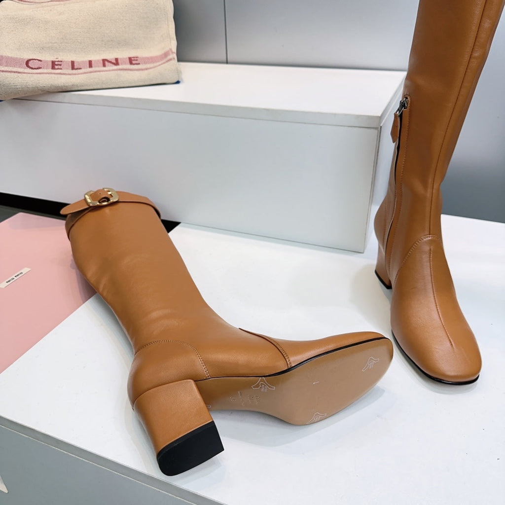 MIUMIU 25S BOOTS WITH BUCKLE 60MM IN CARAMEL BROWN CALFSKIN