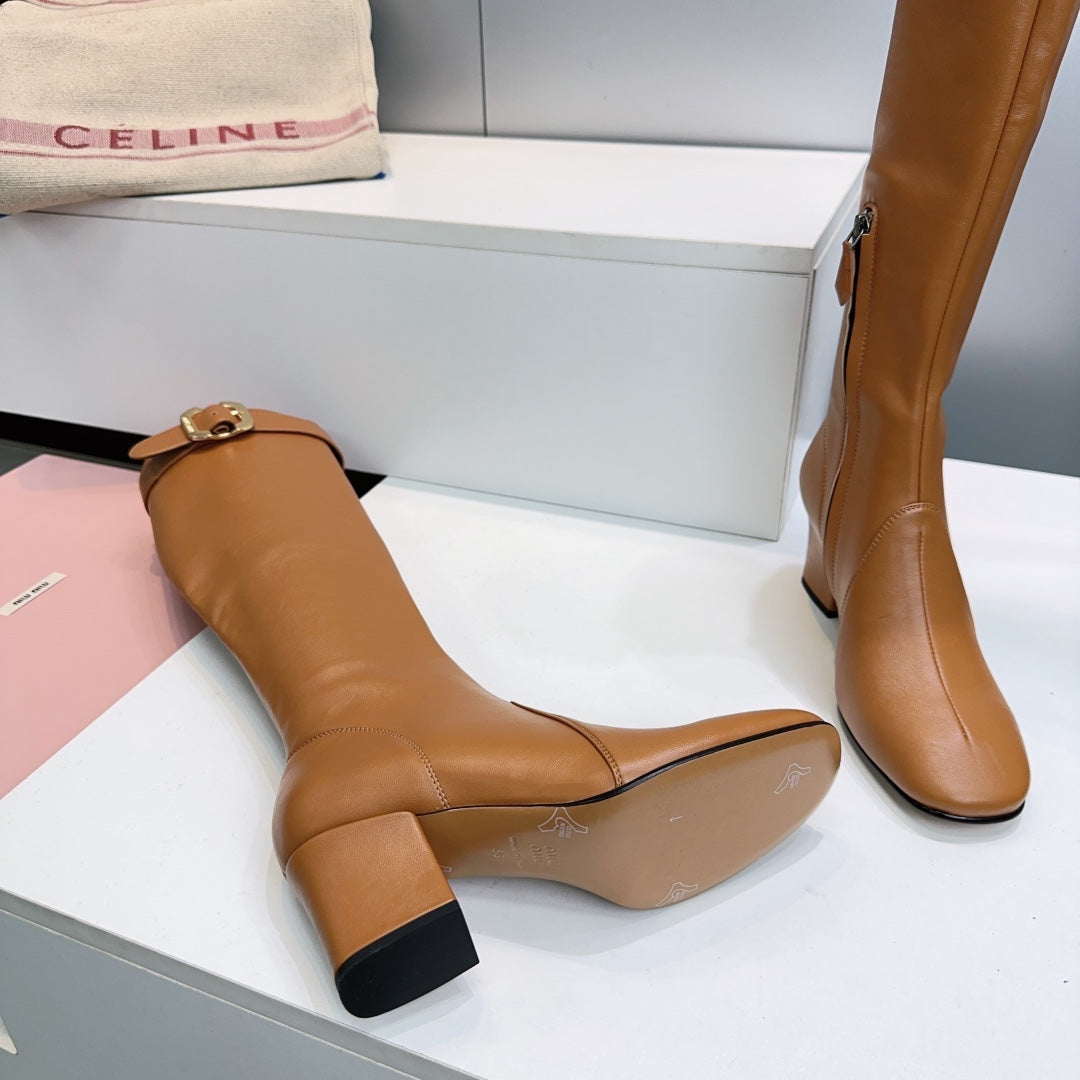 MIUMIU 25S BOOTS WITH BUCKLE 60MM IN CARAMEL BROWN CALFSKIN