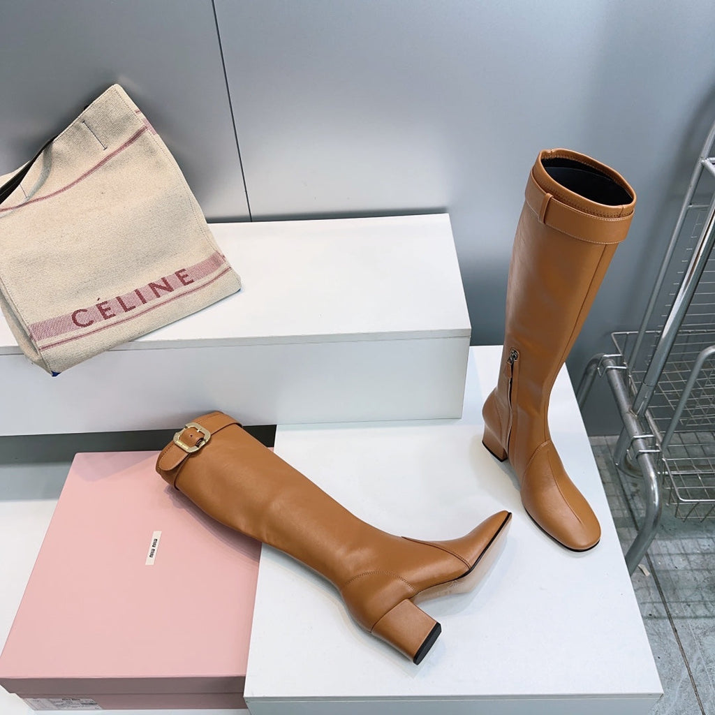 MIUMIU 25S BOOTS WITH BUCKLE 60MM IN CARAMEL BROWN CALFSKIN