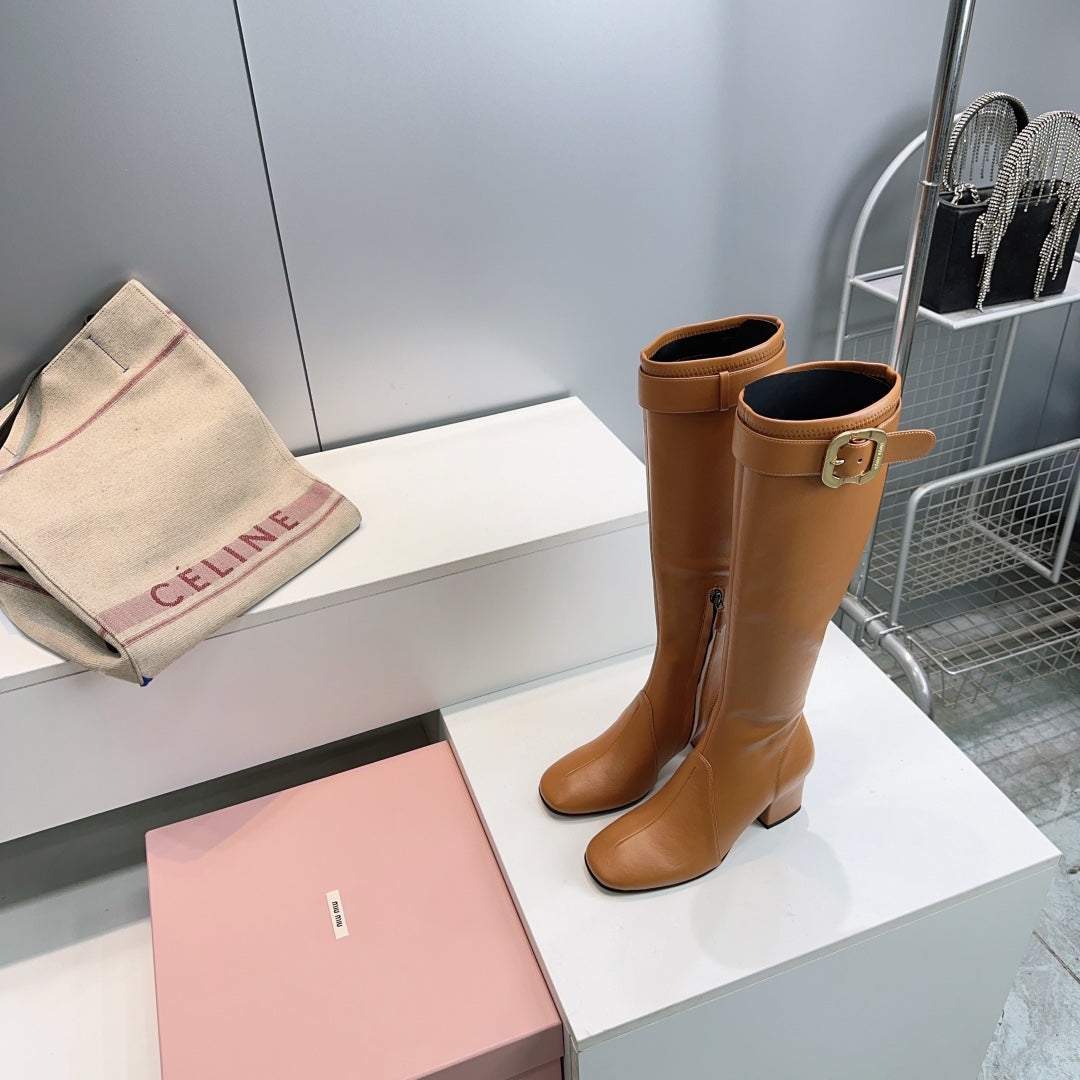 MIUMIU 25S BOOTS WITH BUCKLE 60MM IN CARAMEL BROWN CALFSKIN