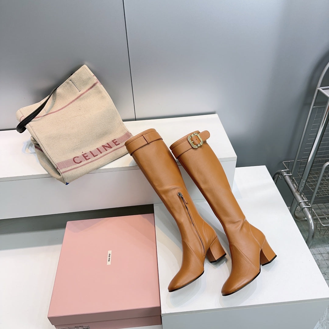 MIUMIU 25S BOOTS WITH BUCKLE 60MM IN CARAMEL BROWN CALFSKIN