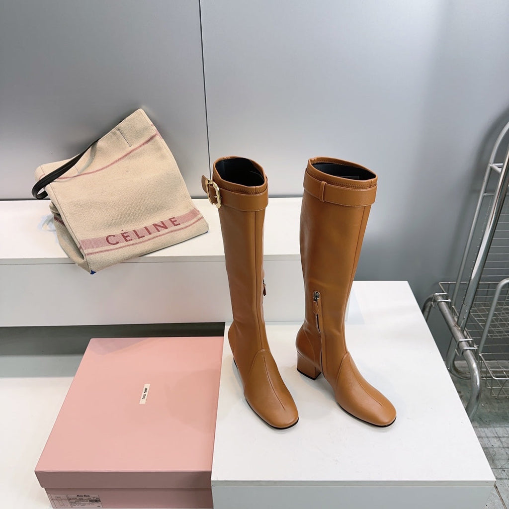 MIUMIU 25S BOOTS WITH BUCKLE 60MM IN CARAMEL BROWN CALFSKIN