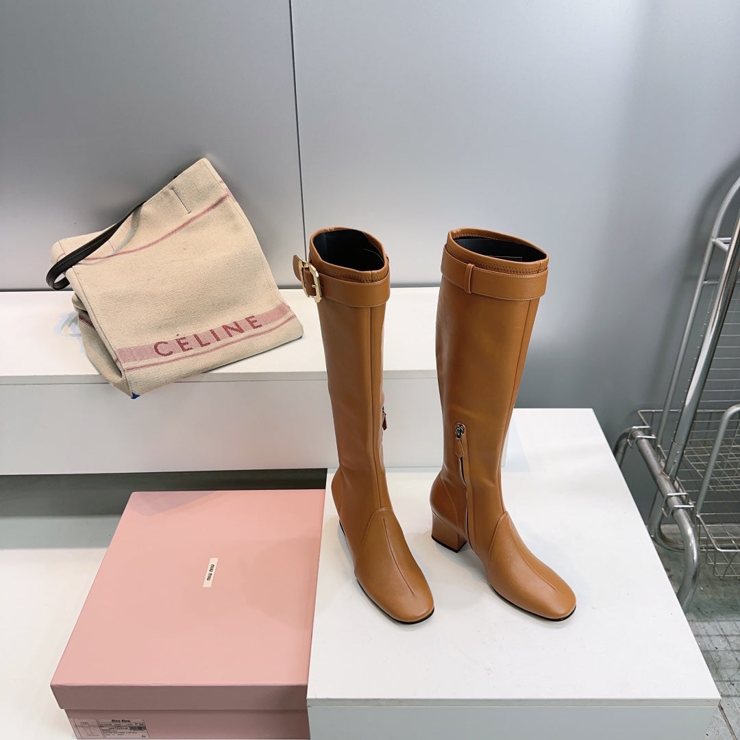 MIUMIU 25S BOOTS WITH BUCKLE 60MM IN CARAMEL BROWN CALFSKIN