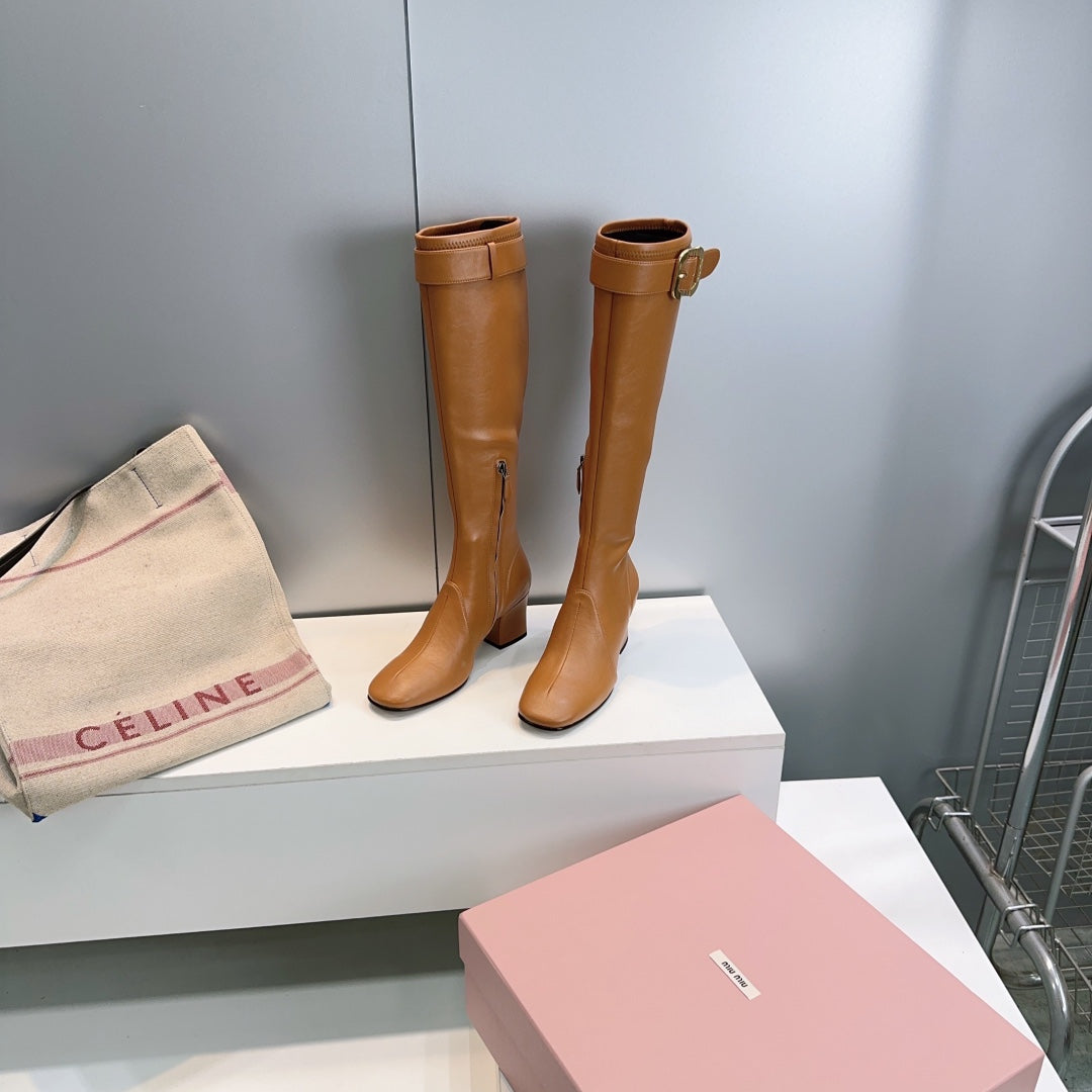 MIUMIU 25S BOOTS WITH BUCKLE 60MM IN CARAMEL BROWN CALFSKIN