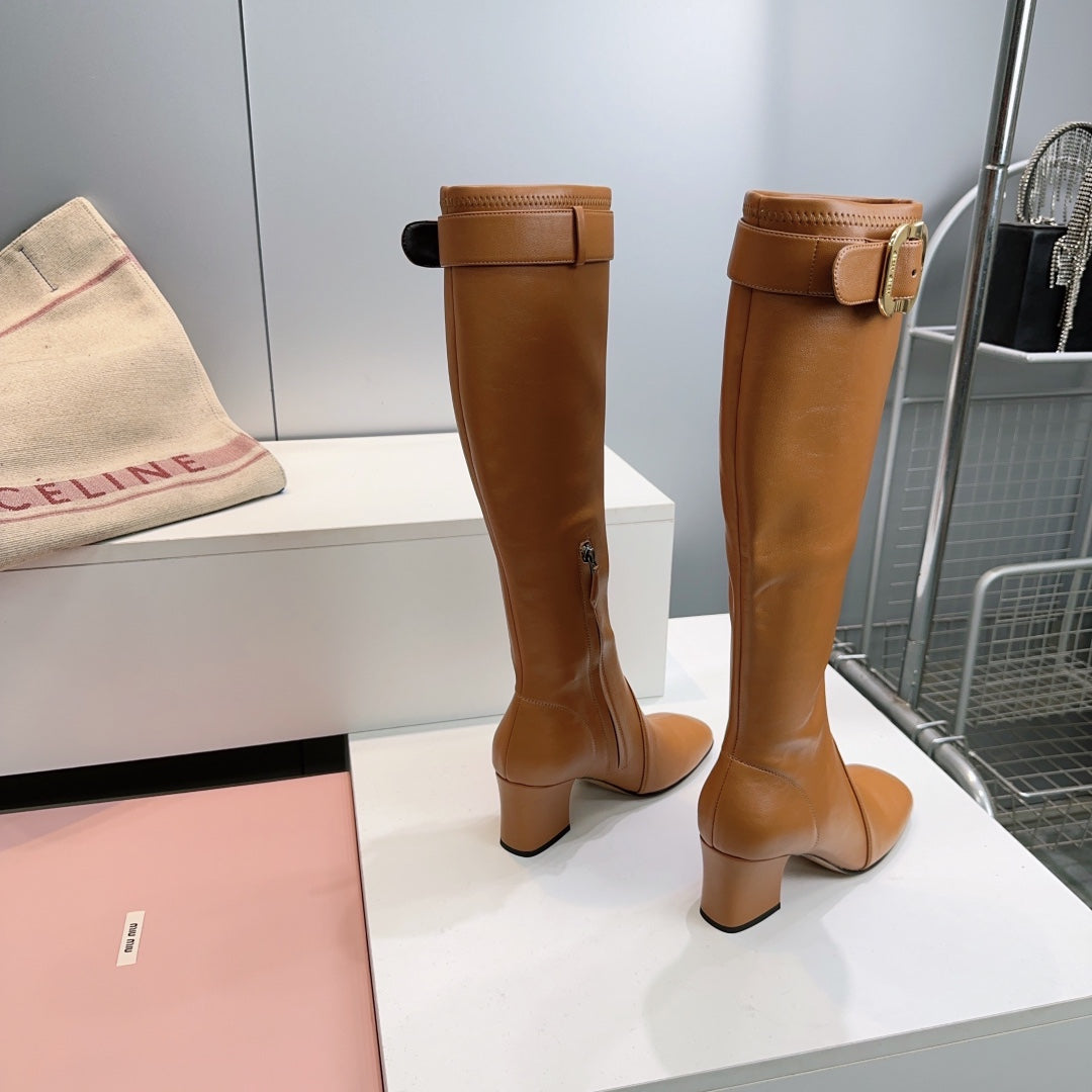 MIUMIU 25S BOOTS WITH BUCKLE 60MM IN CARAMEL BROWN CALFSKIN
