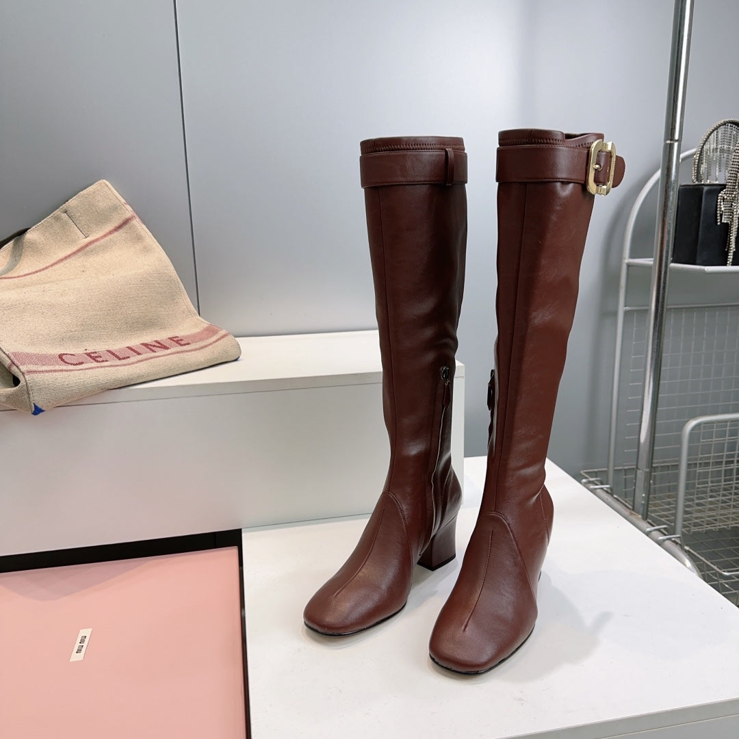 MIUMIU 25S BOOTS WITH BUCKLE 60MM IN DARK BROWN CALFSKIN