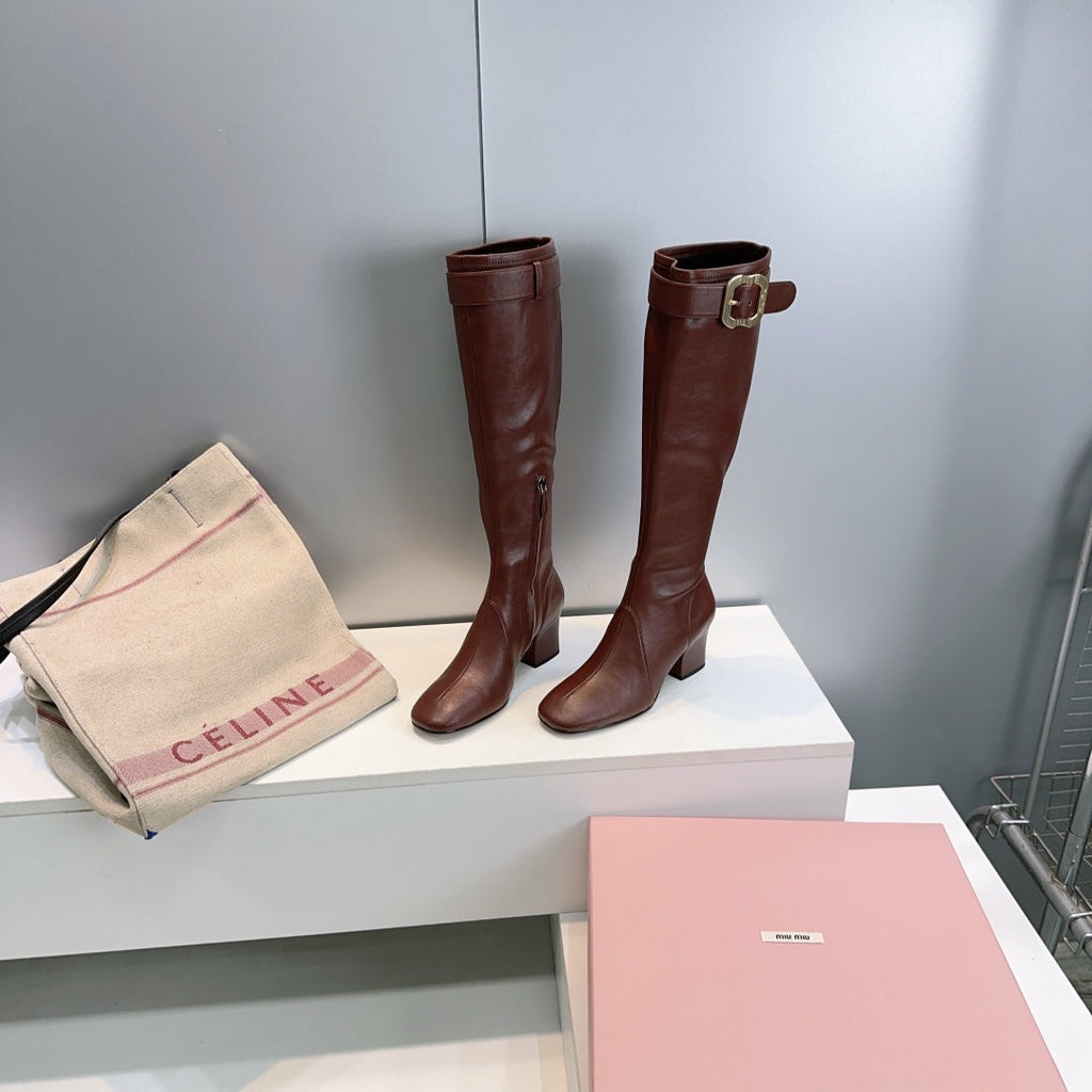 MIUMIU 25S BOOTS WITH BUCKLE 60MM IN DARK BROWN CALFSKIN