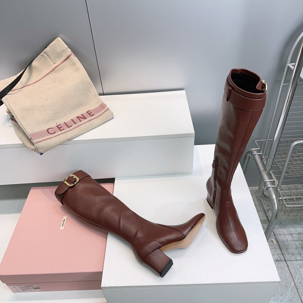 MIUMIU 25S BOOTS WITH BUCKLE 60MM IN DARK BROWN CALFSKIN