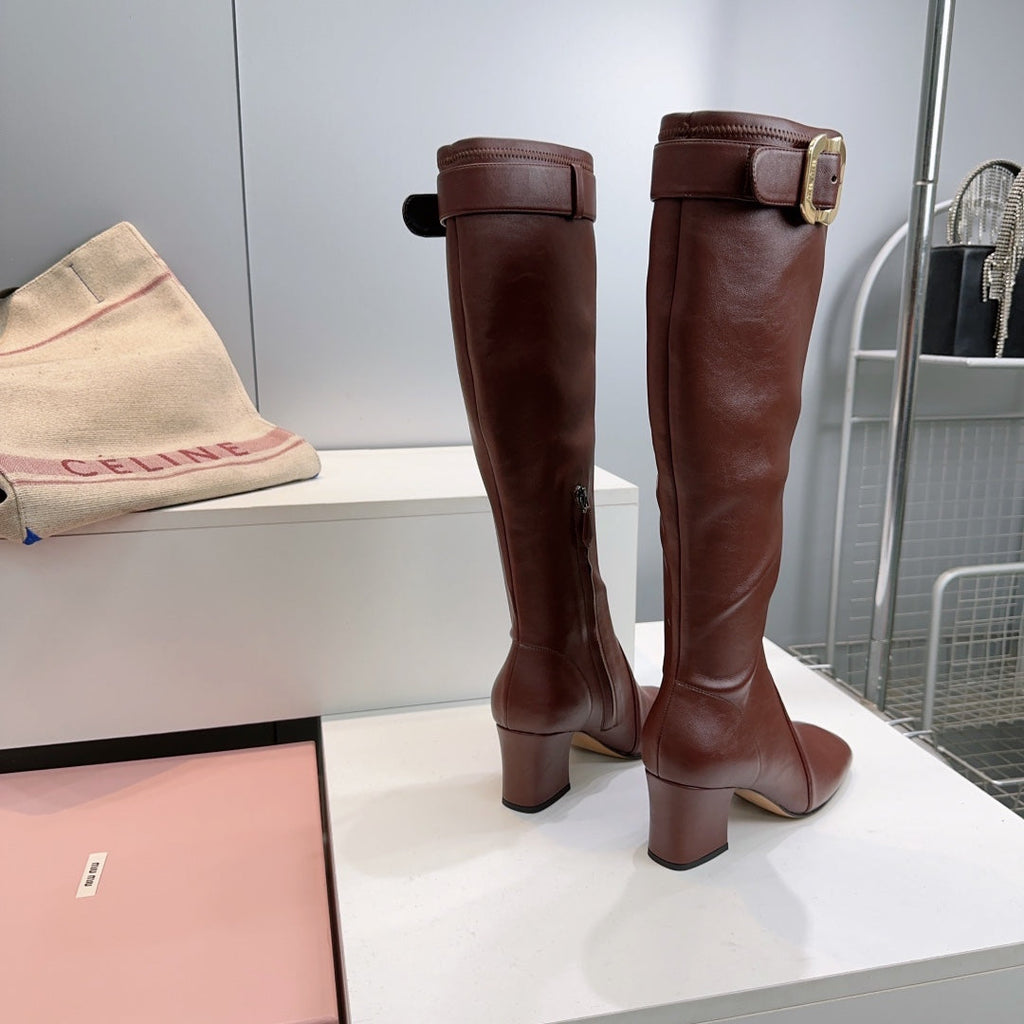 MIUMIU 25S BOOTS WITH BUCKLE 60MM IN DARK BROWN CALFSKIN