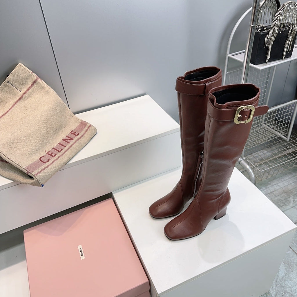 MIUMIU 25S BOOTS WITH BUCKLE 60MM IN DARK BROWN CALFSKIN