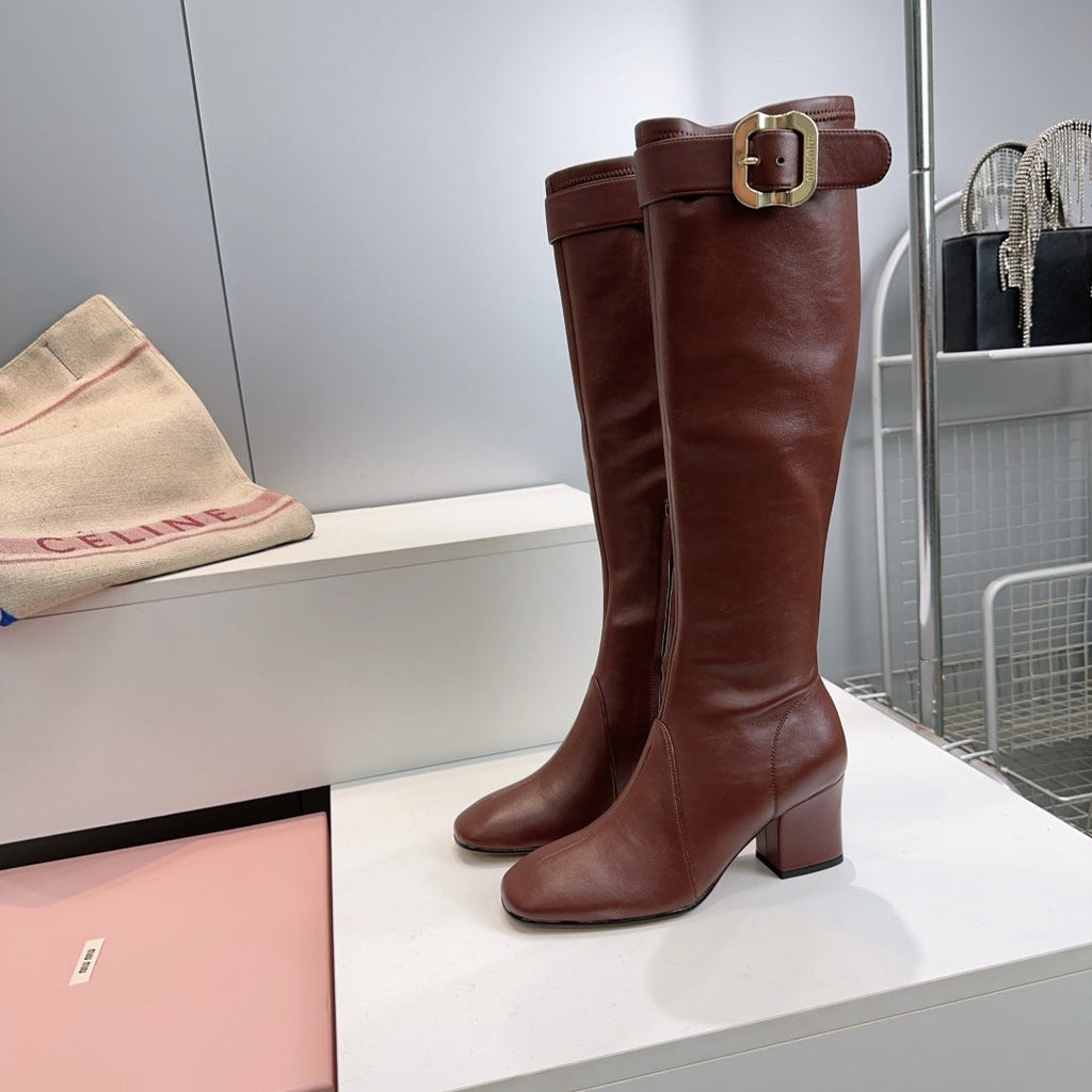 MIUMIU 25S BOOTS WITH BUCKLE 60MM IN DARK BROWN CALFSKIN