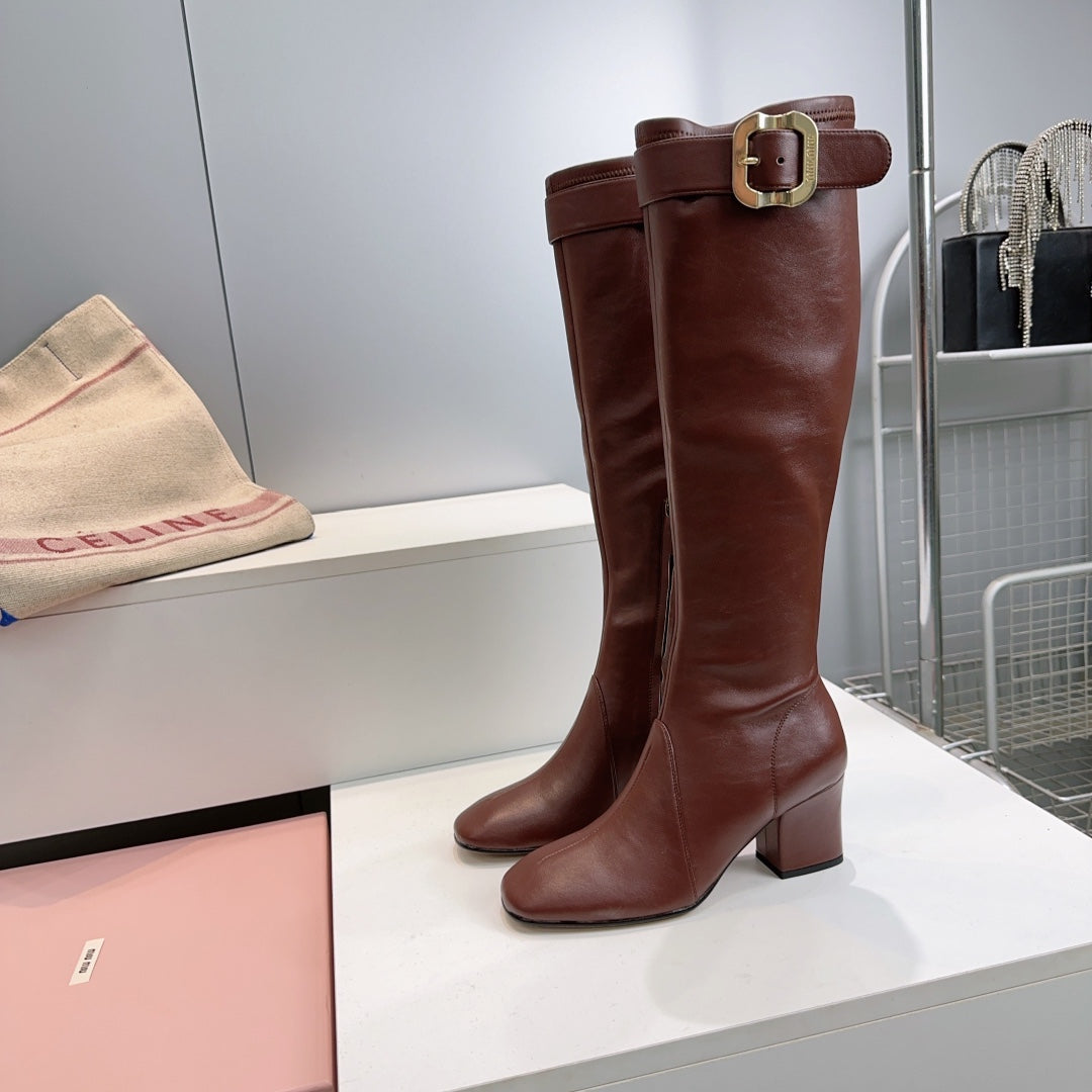 MIUMIU 25S BOOTS WITH BUCKLE 60MM IN DARK BROWN CALFSKIN