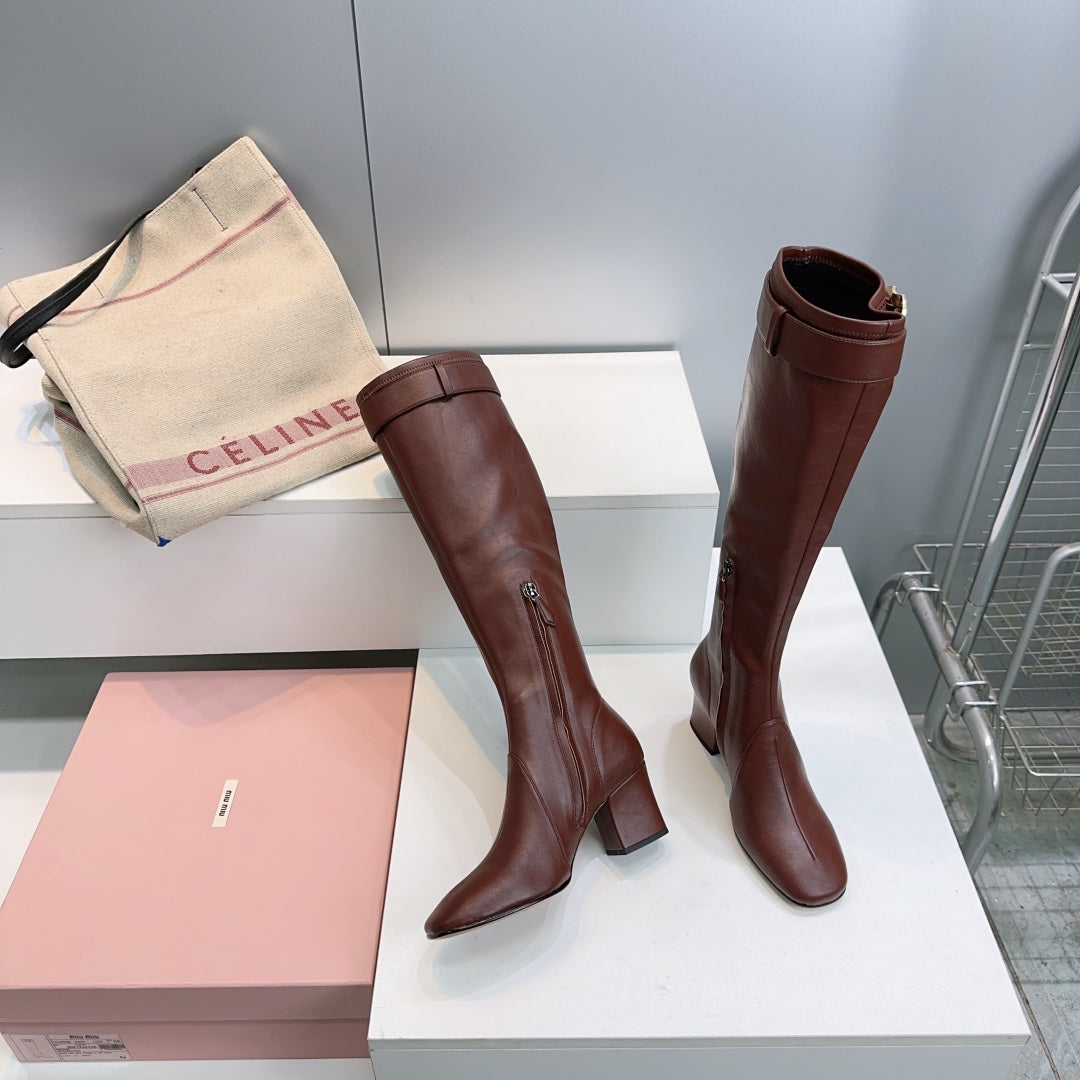 MIUMIU 25S BOOTS WITH BUCKLE 60MM IN DARK BROWN CALFSKIN