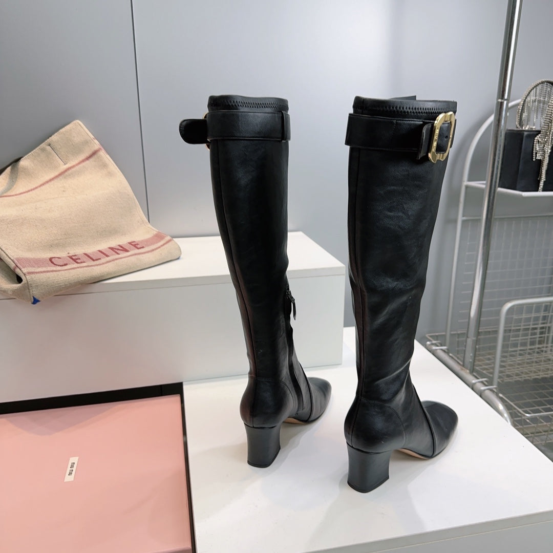 MIUMIU 25S BOOTS WITH BUCKLE 60MM IN BLACK CALFSKIN