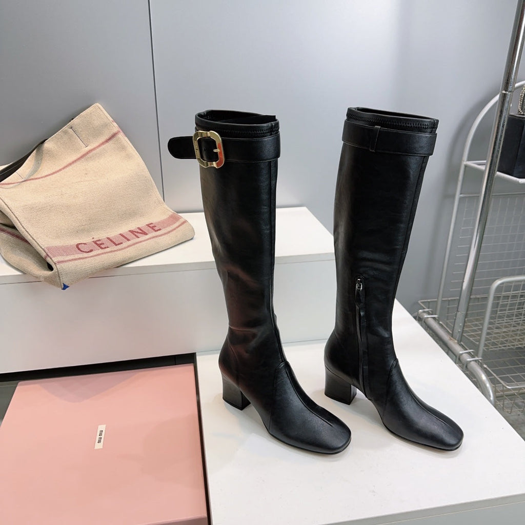 MIUMIU 25S BOOTS WITH BUCKLE 60MM IN BLACK CALFSKIN