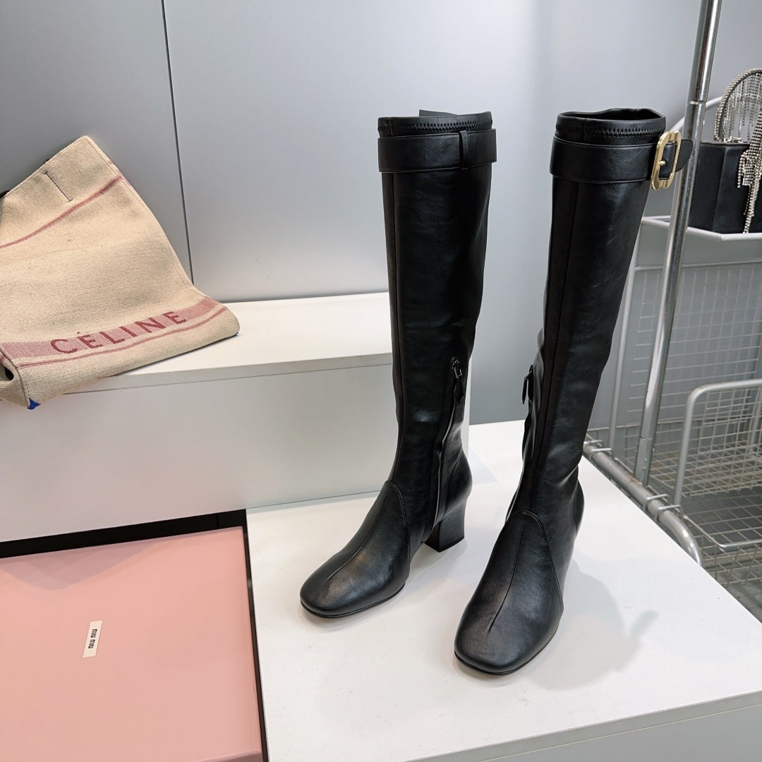 MIUMIU 25S BOOTS WITH BUCKLE 60MM IN BLACK CALFSKIN
