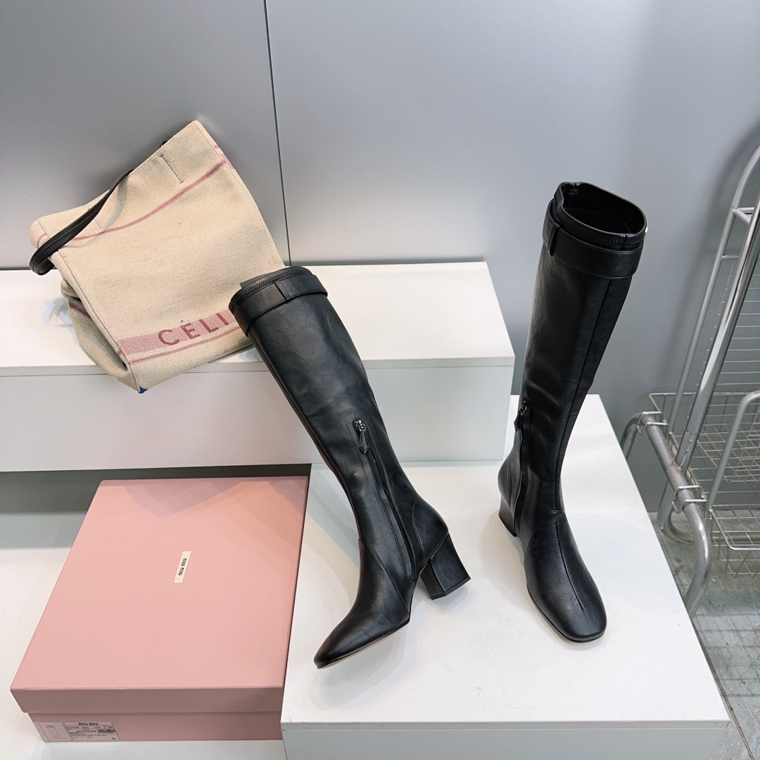 MIUMIU 25S BOOTS WITH BUCKLE 60MM IN BLACK CALFSKIN