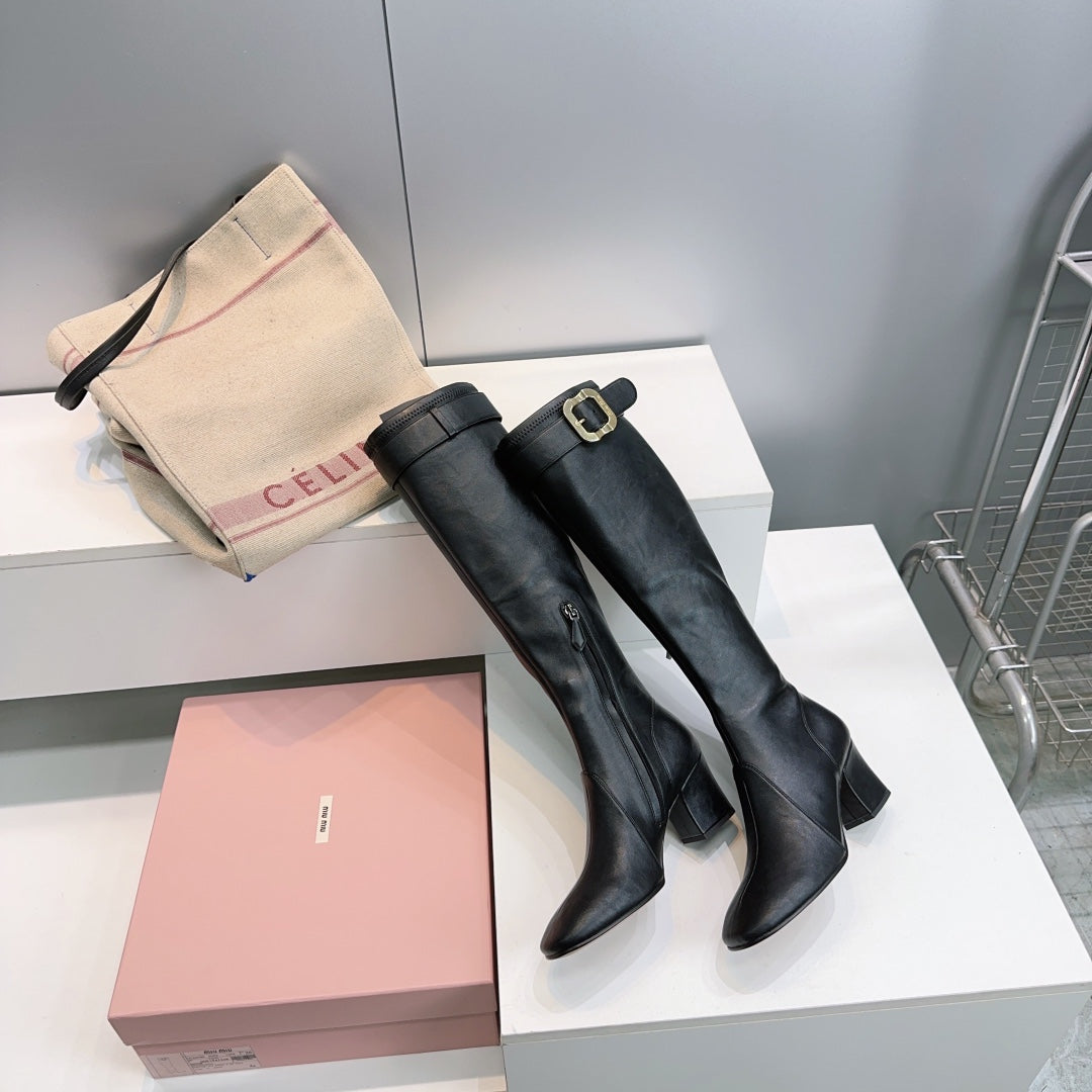MIUMIU 25S BOOTS WITH BUCKLE 60MM IN BLACK CALFSKIN