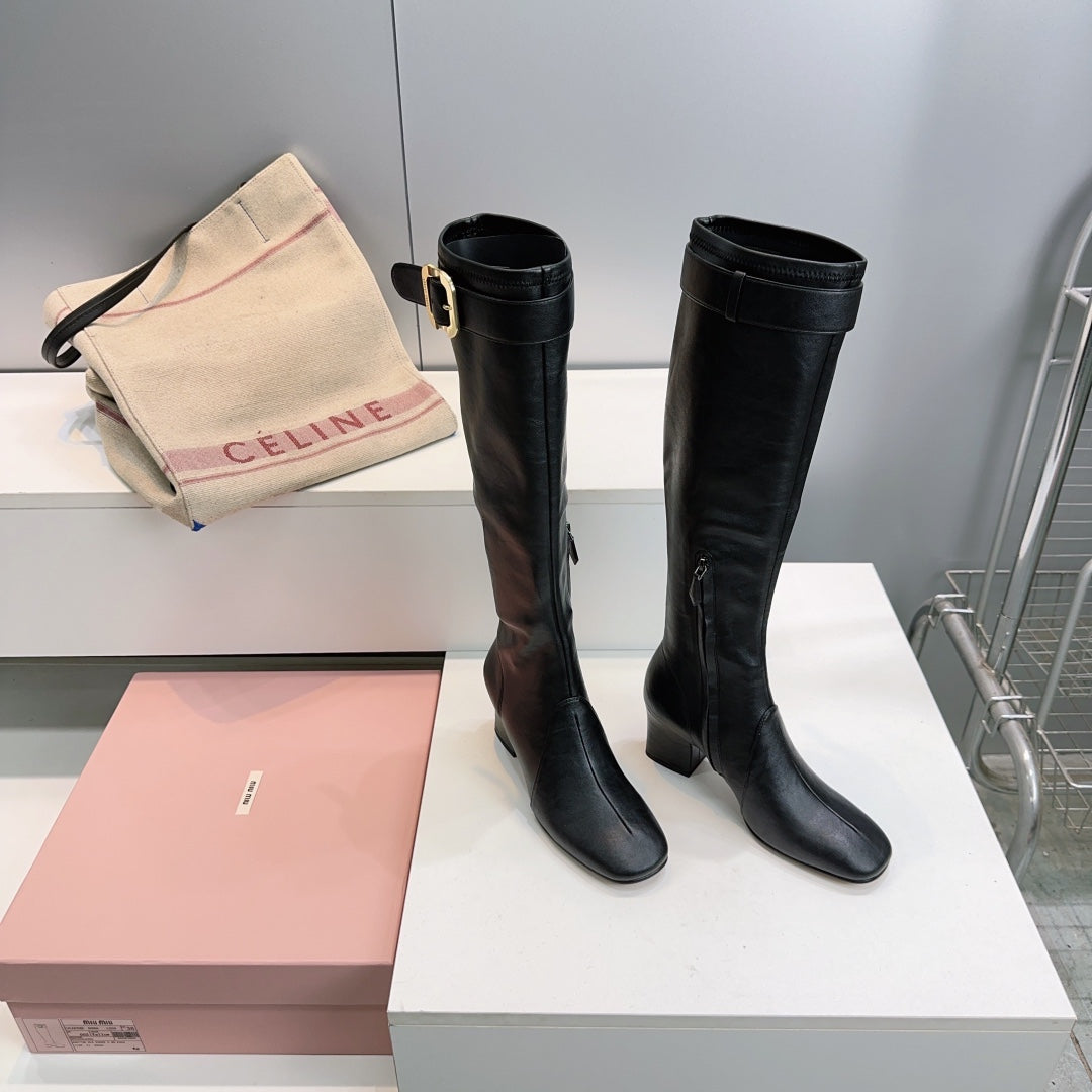 MIUMIU 25S BOOTS WITH BUCKLE 60MM IN BLACK CALFSKIN