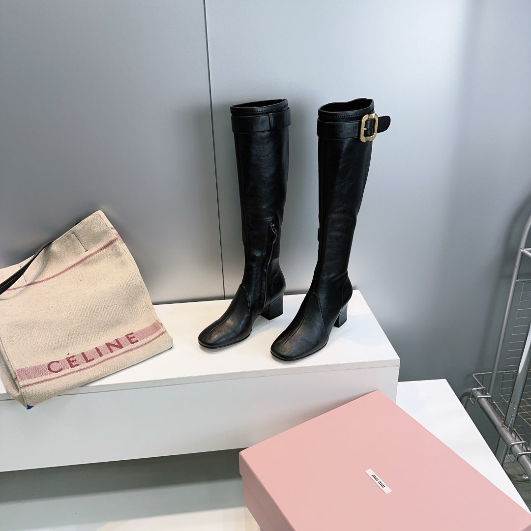 MIUMIU 25S BOOTS WITH BUCKLE 60MM IN BLACK CALFSKIN