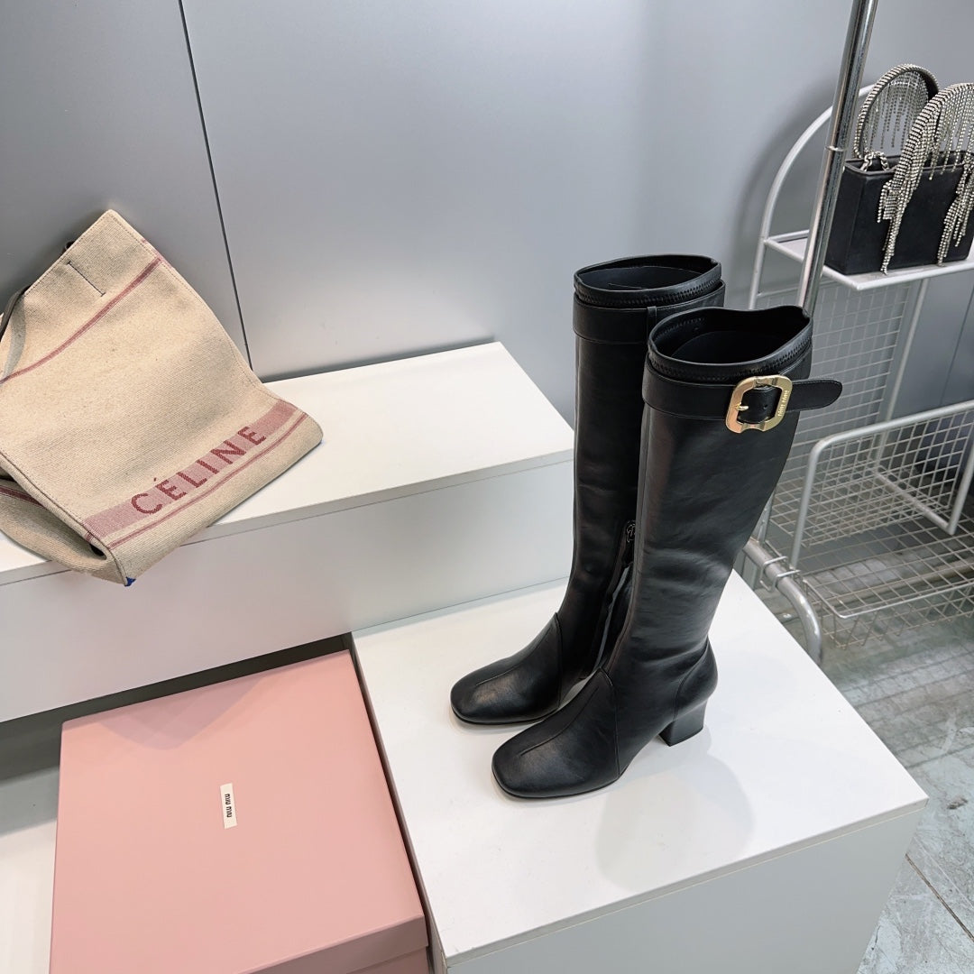 MIUMIU 25S BOOTS WITH BUCKLE 60MM IN BLACK CALFSKIN