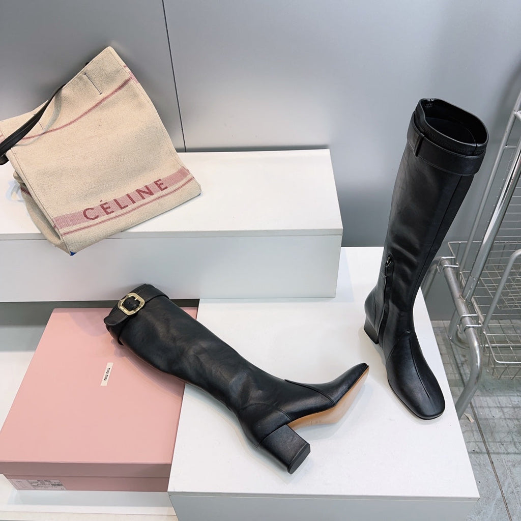 MIUMIU 25S BOOTS WITH BUCKLE 60MM IN BLACK CALFSKIN