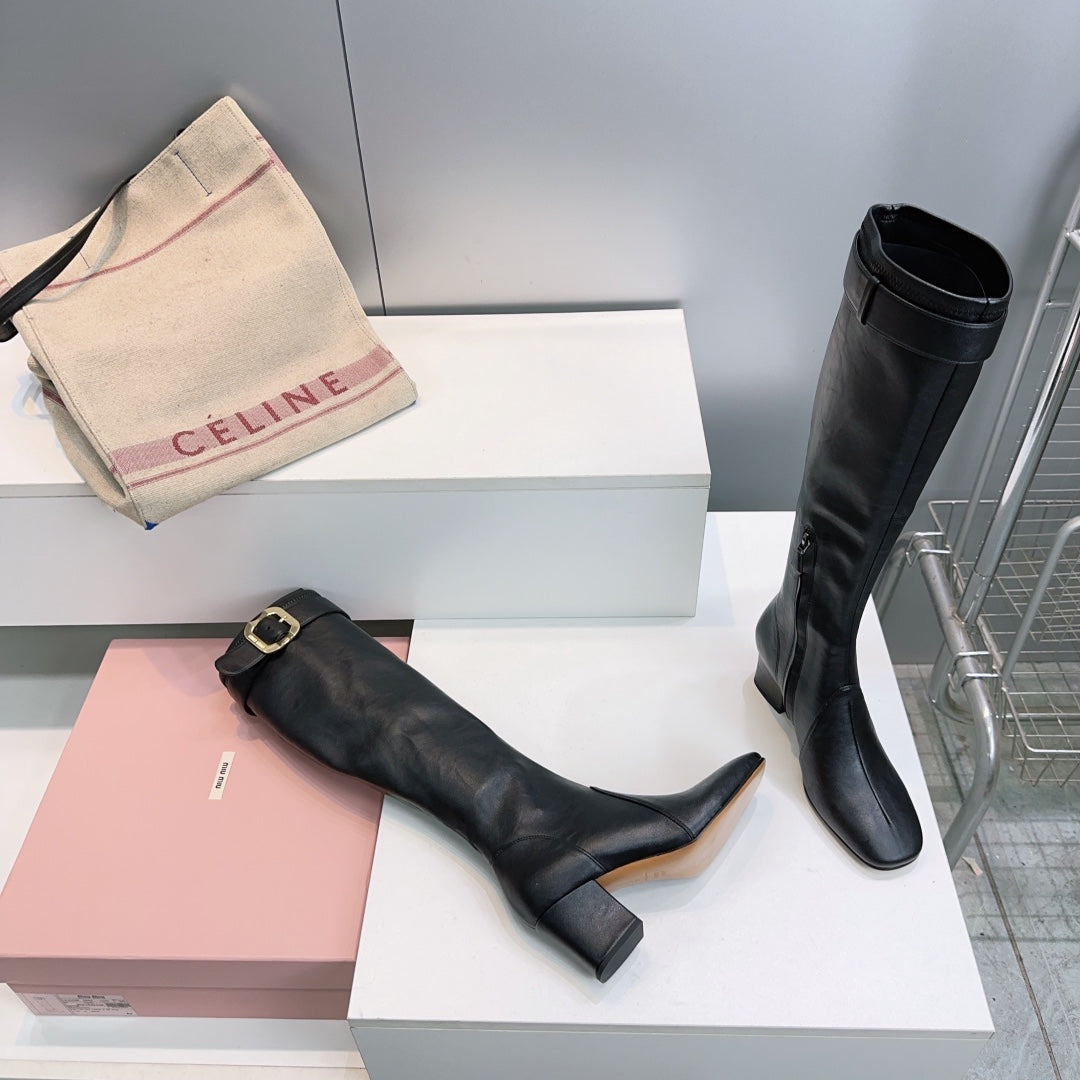 MIUMIU 25S BOOTS WITH BUCKLE 60MM IN BLACK CALFSKIN
