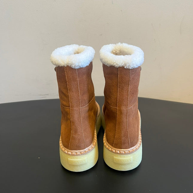 PRADA 25S ANKLE BOOTS 40 MM IN BROWN SUEDE SHEARLING-LINED