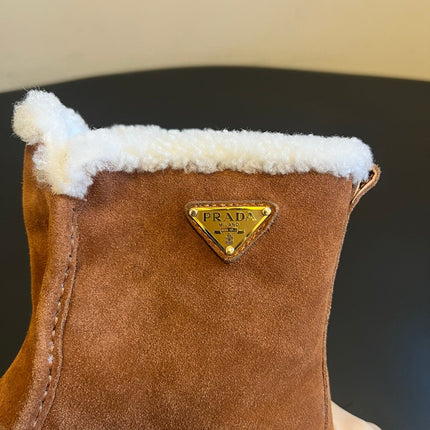 PRADA 25S PLATFORM ANKLE BOOTS 40 MM IN BROWN SUEDE SHEARLING-LINED