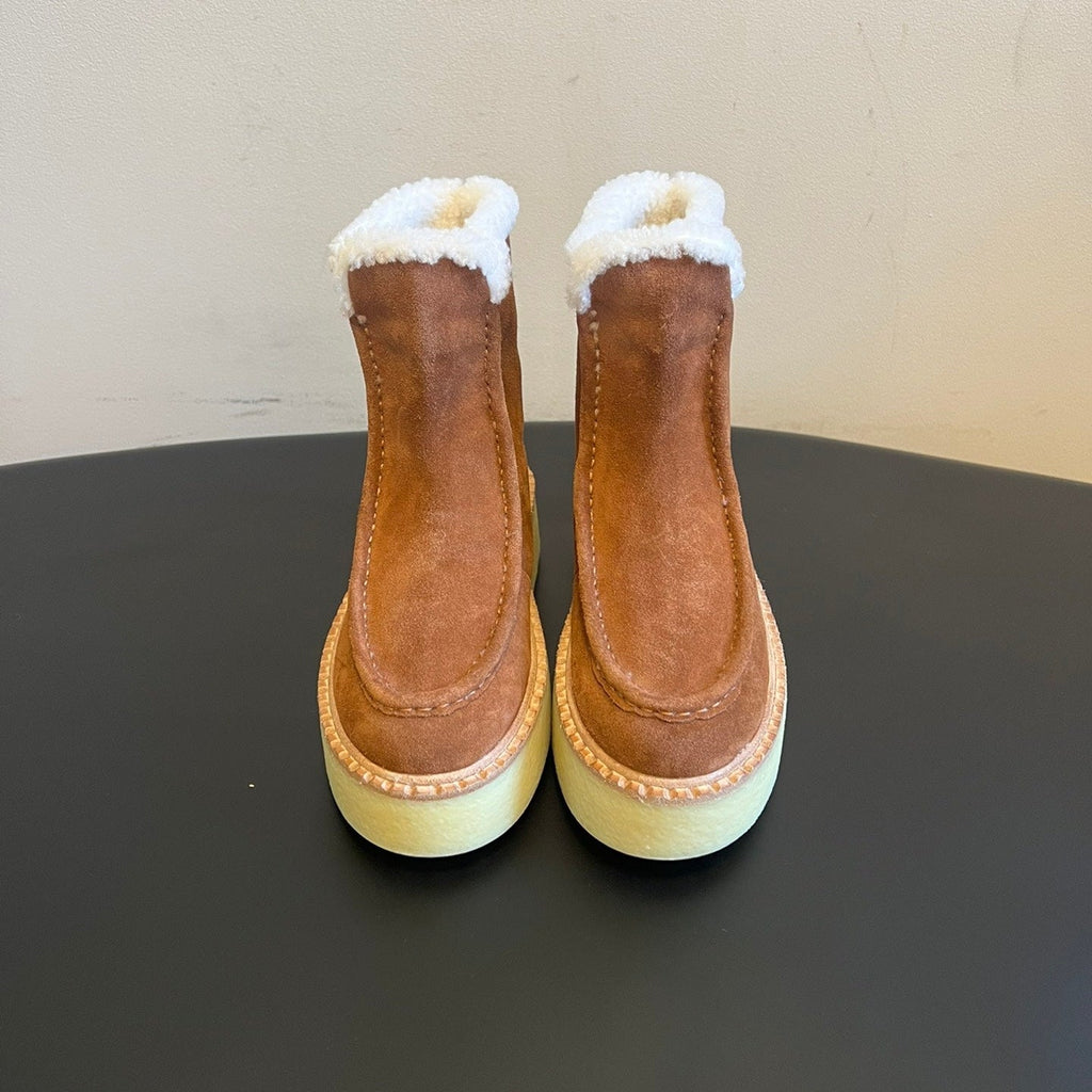 PRADA 25S PLATFORM ANKLE BOOTS 40 MM IN BROWN SUEDE SHEARLING-LINED