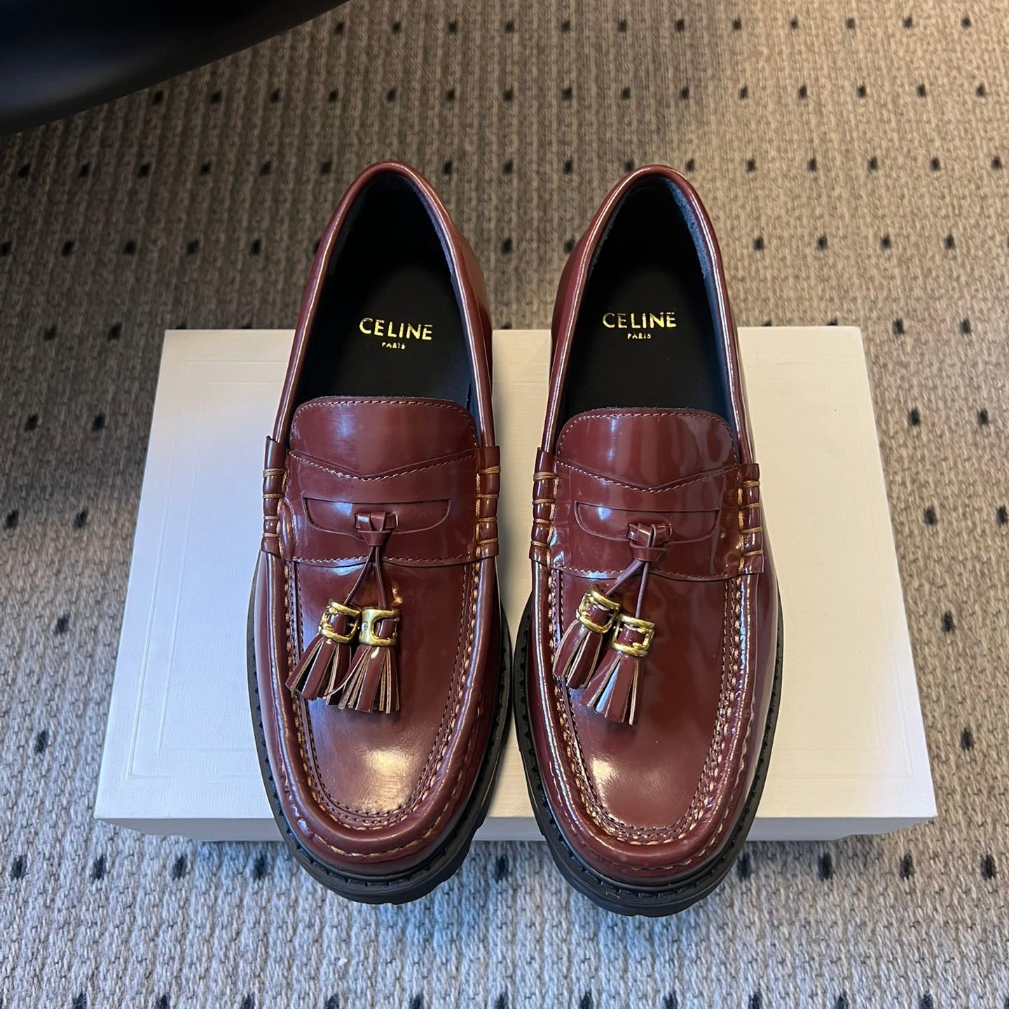 CELINE 26S LOAFER IN WINE RED CALFSKIN