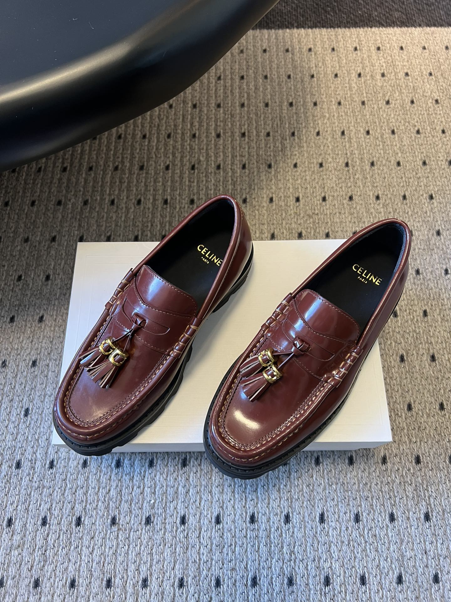CELINE 26S LOAFER IN WINE RED CALFSKIN