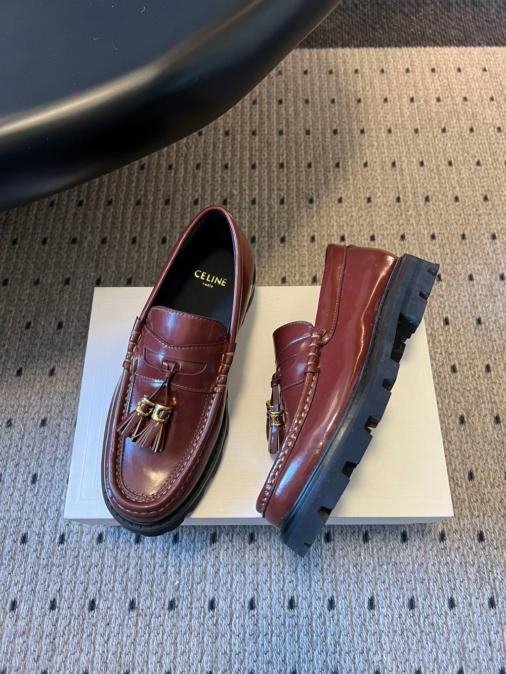 CELINE 26S LOAFER IN WINE RED CALFSKIN