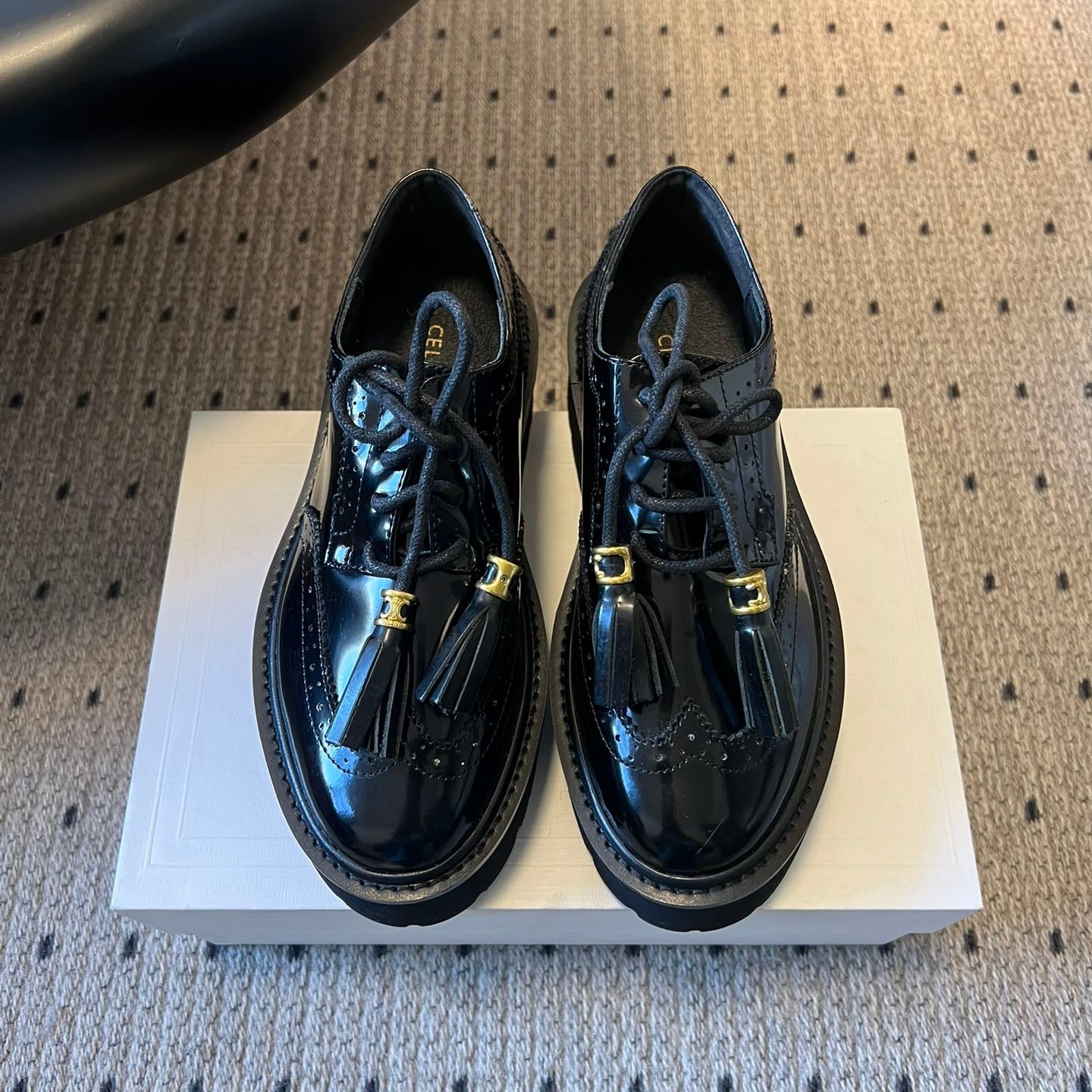 CELINE 26S SAINTNJORD TASSEL LOAFER 50 MM IN BLACK CALFSKIN