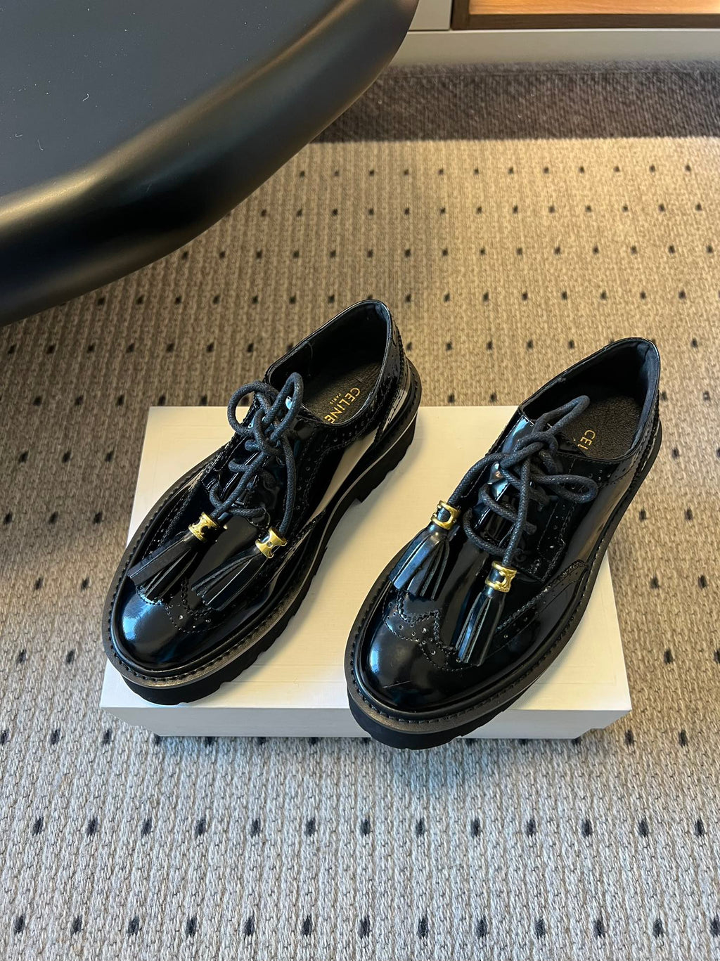 CELINE 26S SAINTNJORD TASSEL LOAFER 50 MM IN BLACK CALFSKIN
