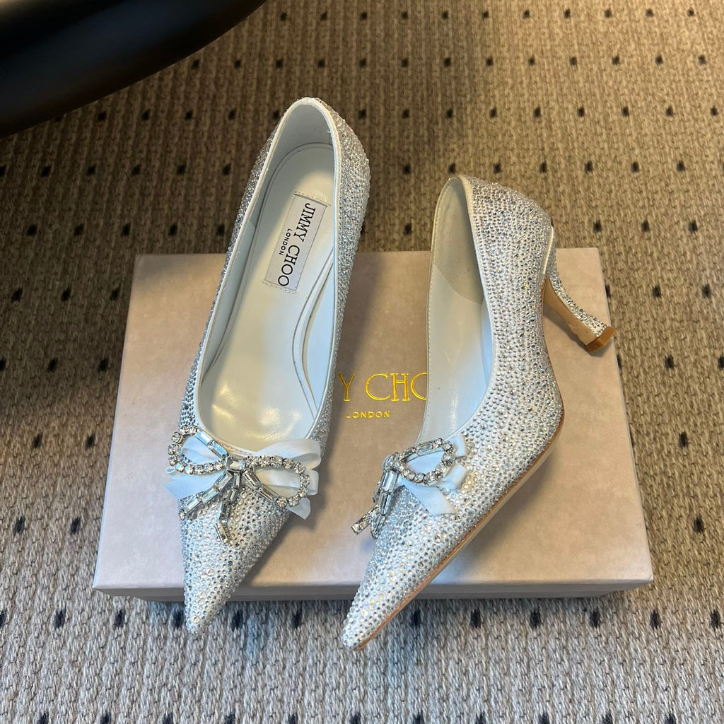 JIMMY CHOO 26S HIGH HEELS 70 MM IN WHITE CRYSTAL WITH BOW