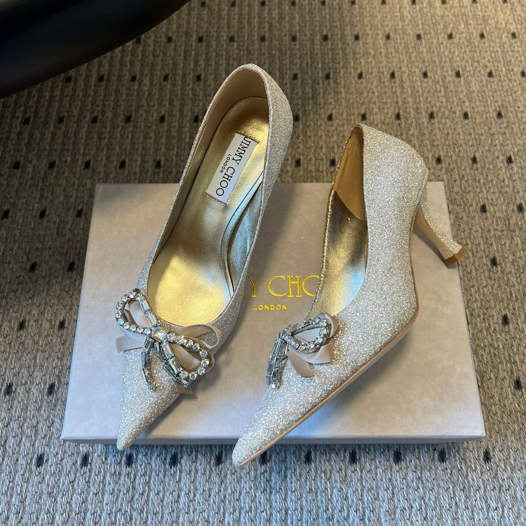 JIMMY CHOO 26S HIGH HEELS 70 MM IN PLATINUM ICE GLITTER FABRIC WITH BOW