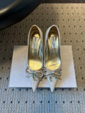 JIMMY CHOO 26S HIGH HEELS 70 MM IN PLATINUM ICE GLITTER FABRIC WITH BOW