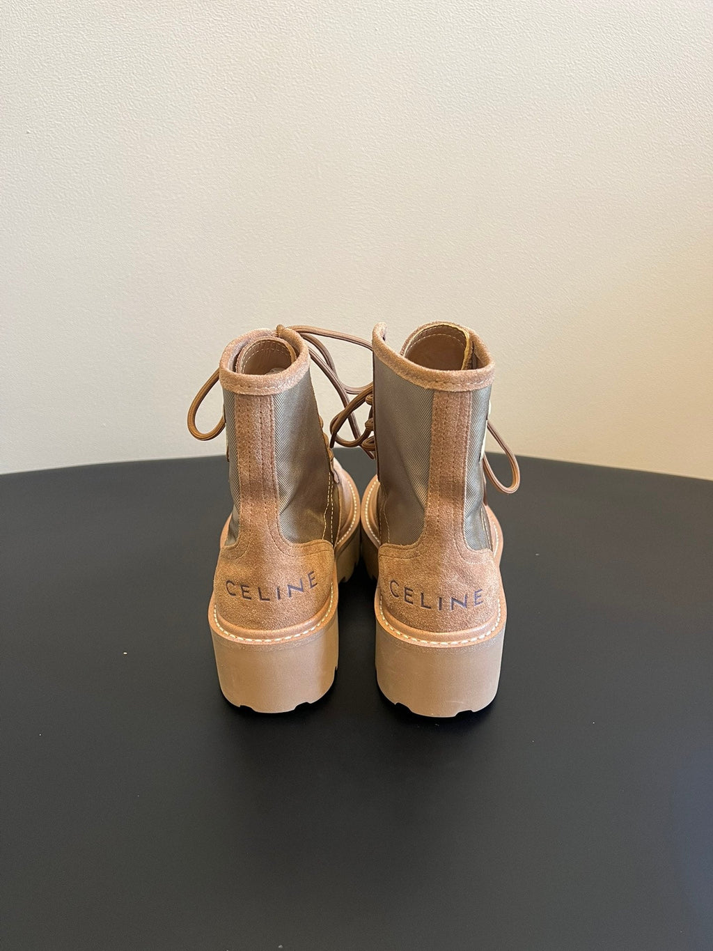 CELINE 26S MARGARET COMBAT BOOT 45 MM IN SAND BEIGE CANVAS AND SUEDE