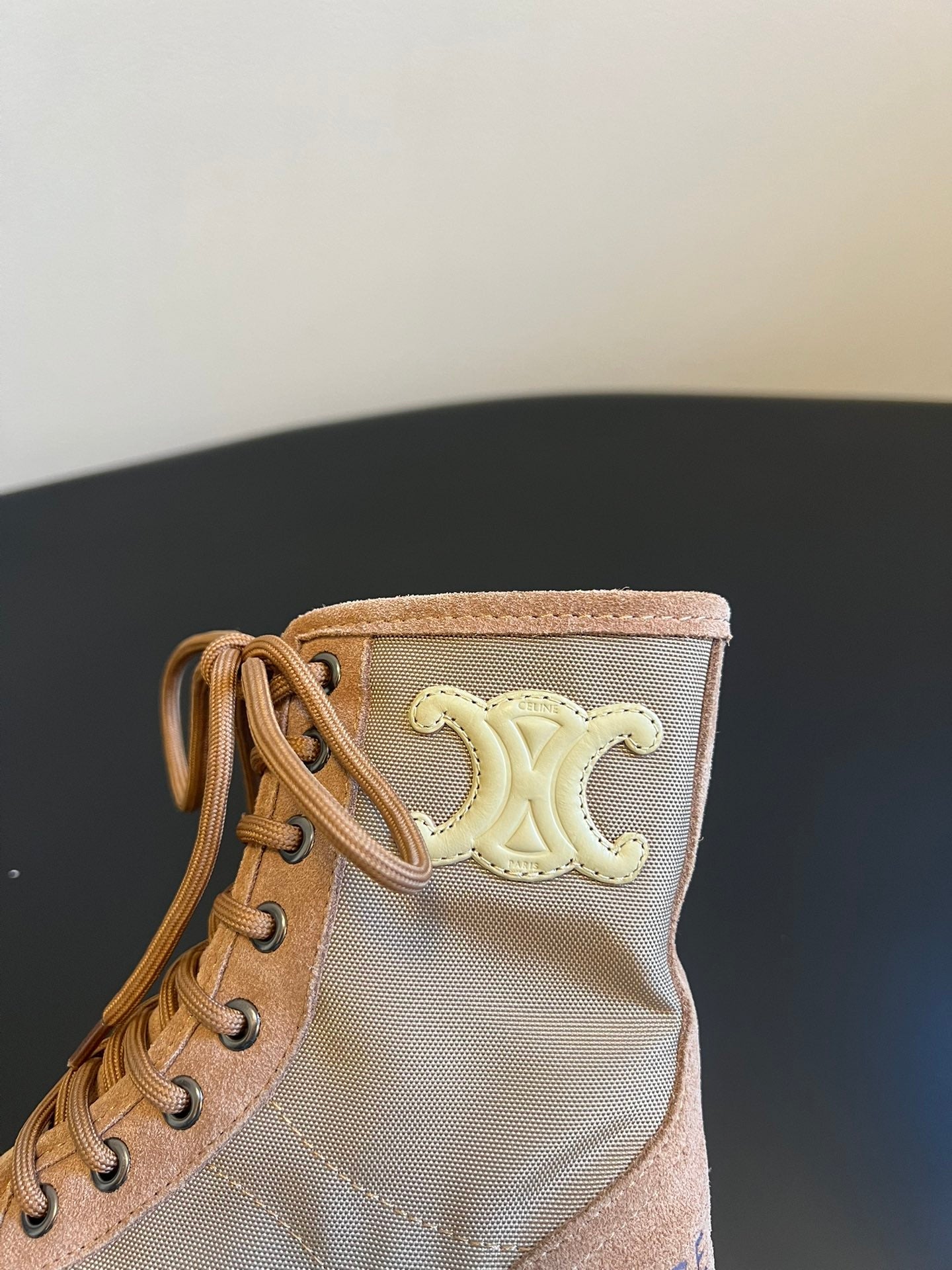 CELINE 26S MARGARET COMBAT BOOT 45 MM IN SAND BEIGE CANVAS AND SUEDE