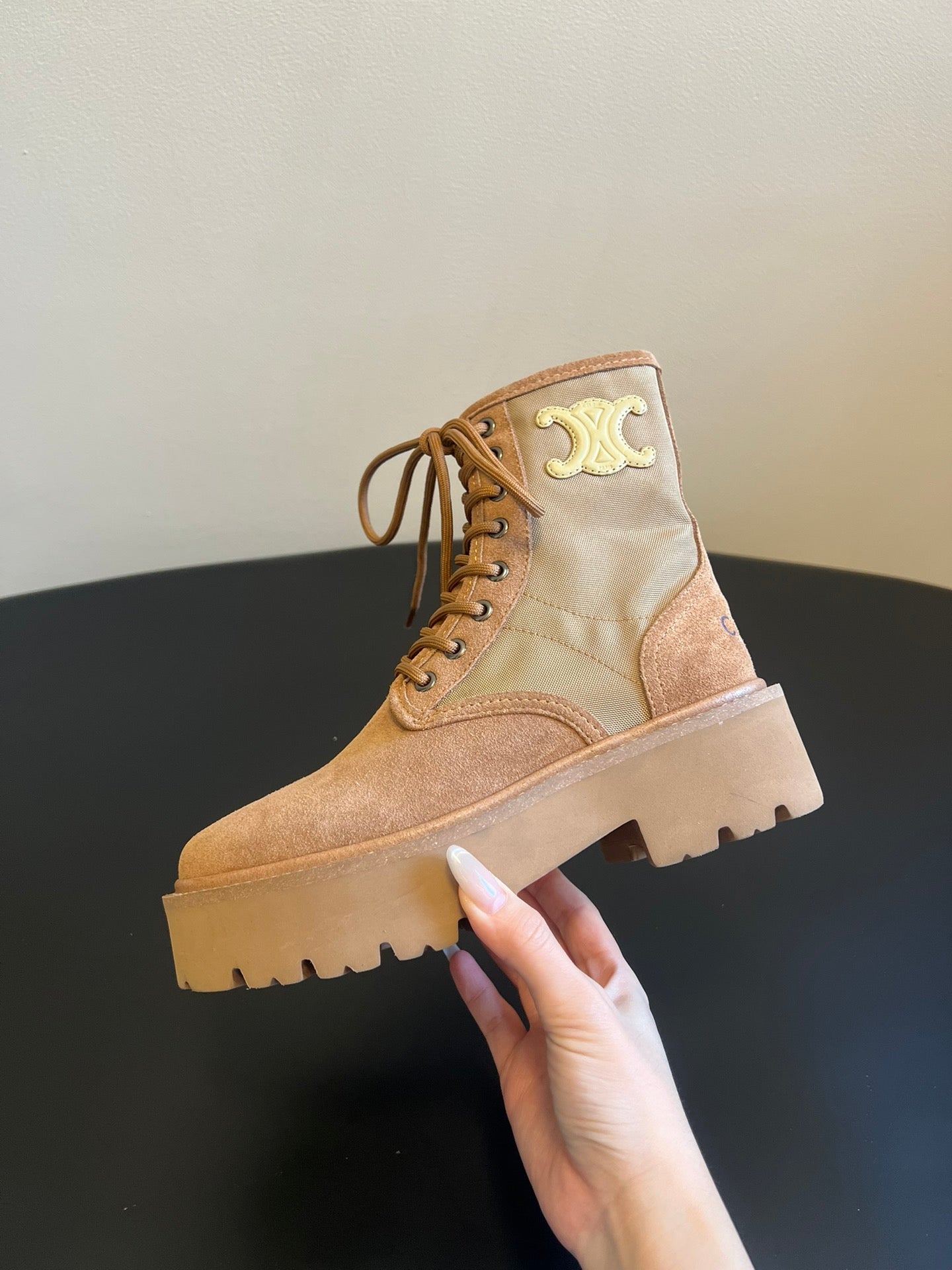CELINE 26S MARGARET COMBAT BOOT 45 MM IN SAND BEIGE CANVAS AND SUEDE