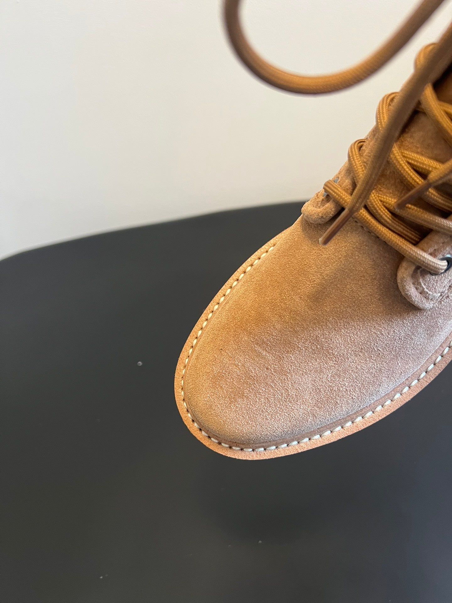 CELINE 26S MARGARET COMBAT BOOT 45 MM IN SAND BEIGE CANVAS AND SUEDE