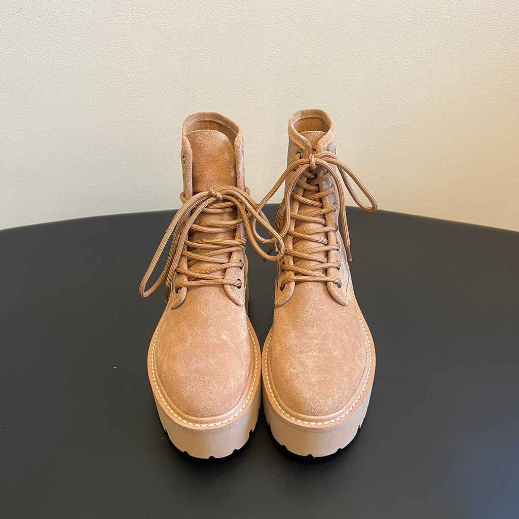 CELINE 26S MARGARET COMBAT BOOT 45 MM IN SAND BEIGE CANVAS AND SUEDE