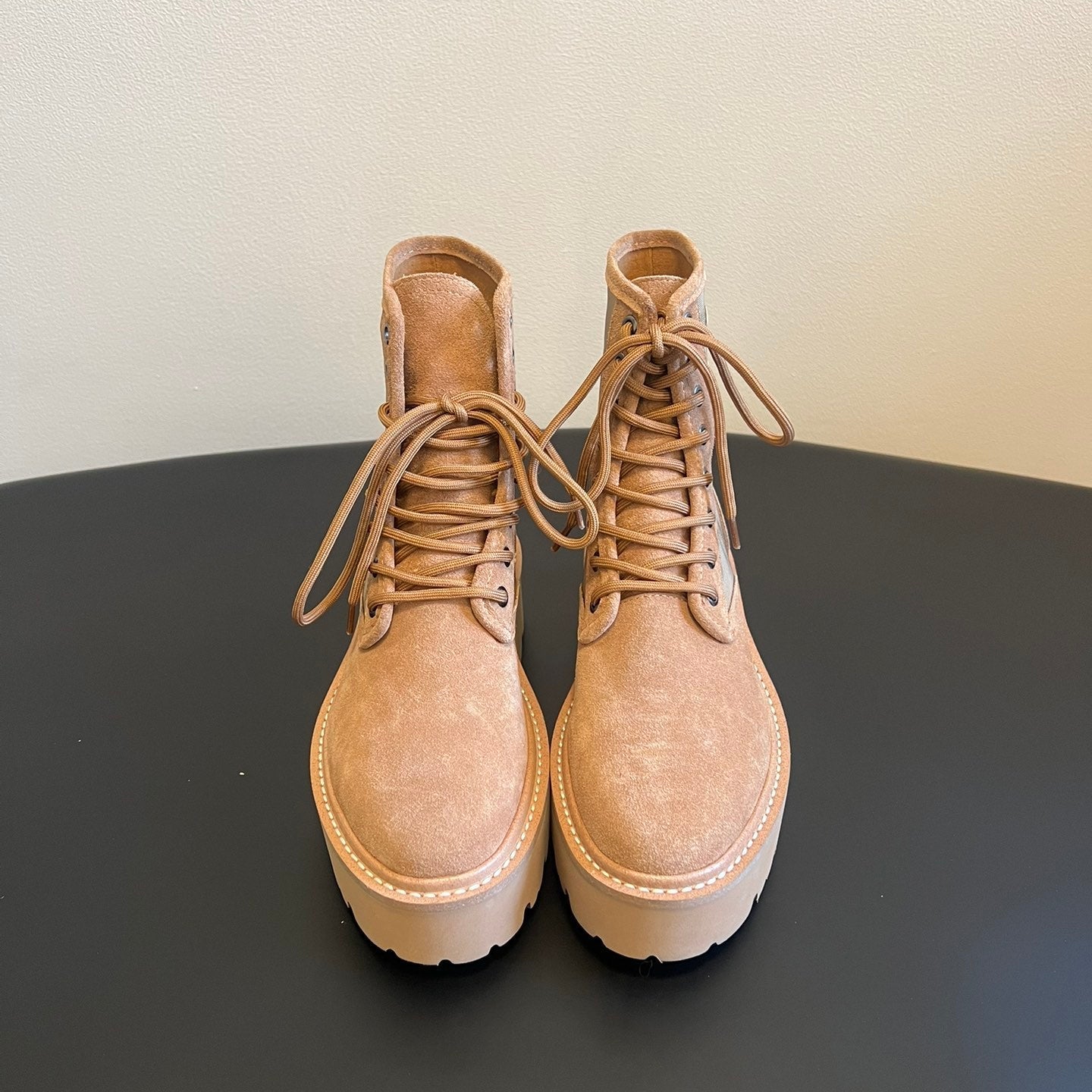 CELINE 26S MARGARET COMBAT BOOT 45 MM IN SAND BEIGE CANVAS AND SUEDE