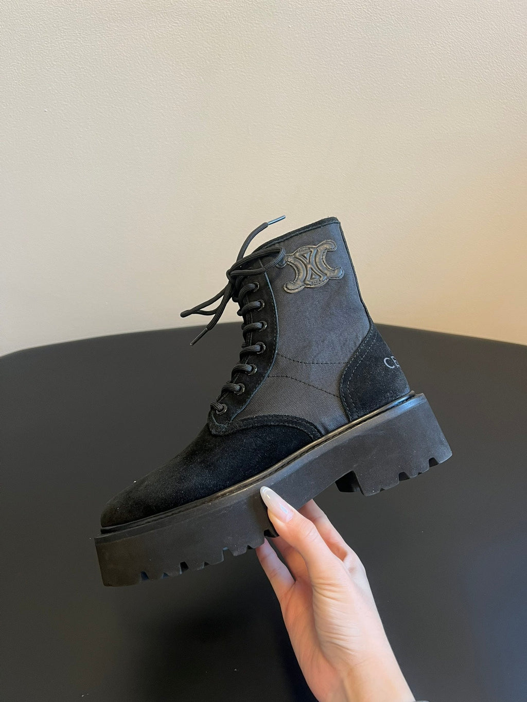 CELINE 26S MARGARET COMBAT BOOT 45 MM IN BLACK CANVAS AND SUEDE