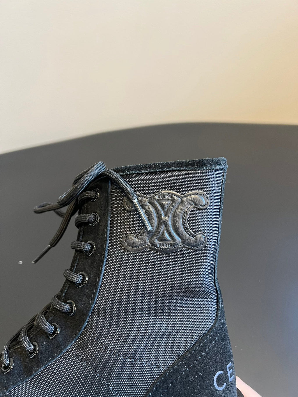 CELINE 26S MARGARET COMBAT BOOT 45 MM IN BLACK CANVAS AND SUEDE