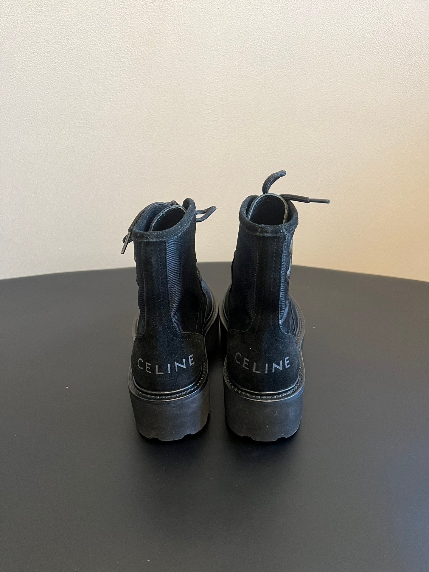 CELINE 26S MARGARET COMBAT BOOT 45 MM IN BLACK CANVAS AND SUEDE
